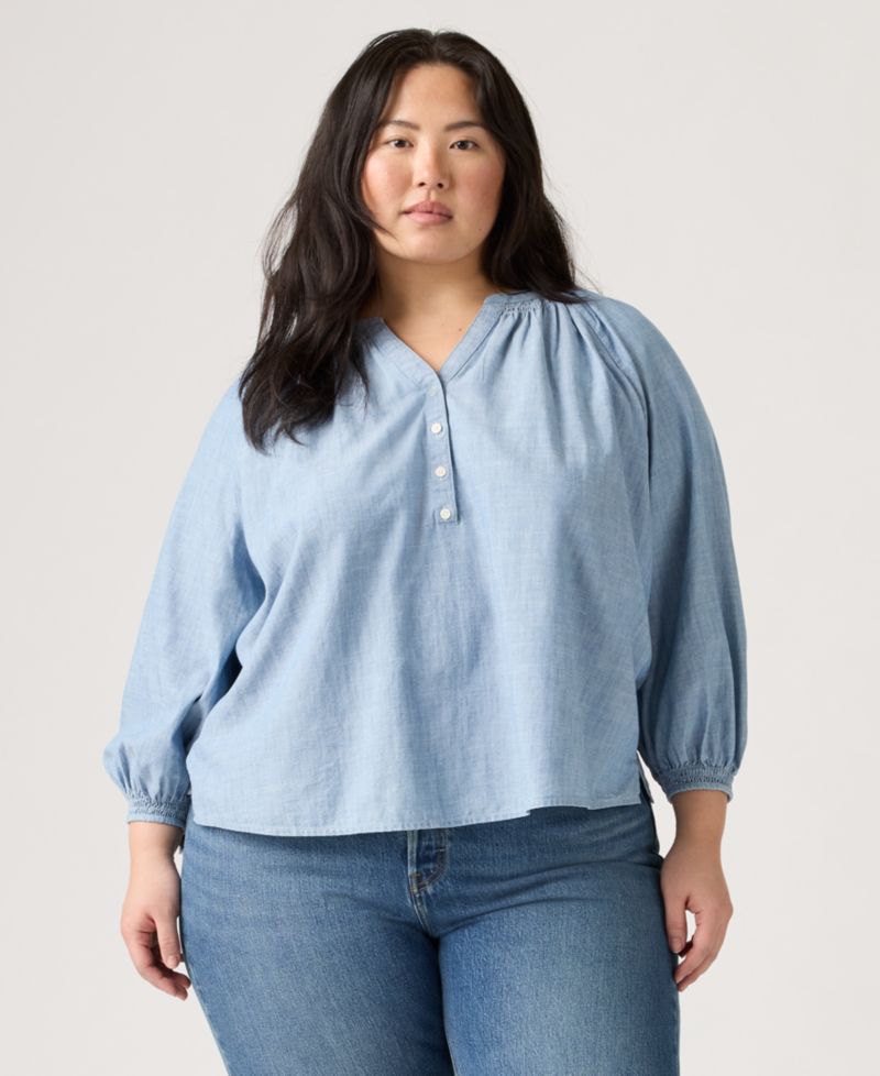 Plus Size V-Neck Chambray Relaxed-Fit Reverie Cotton Top