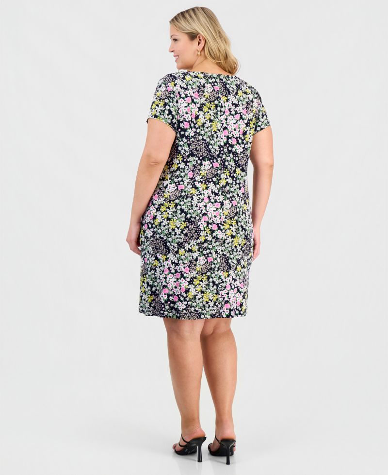 Plus Size Printed Pintuck Short-Sleeve Dress