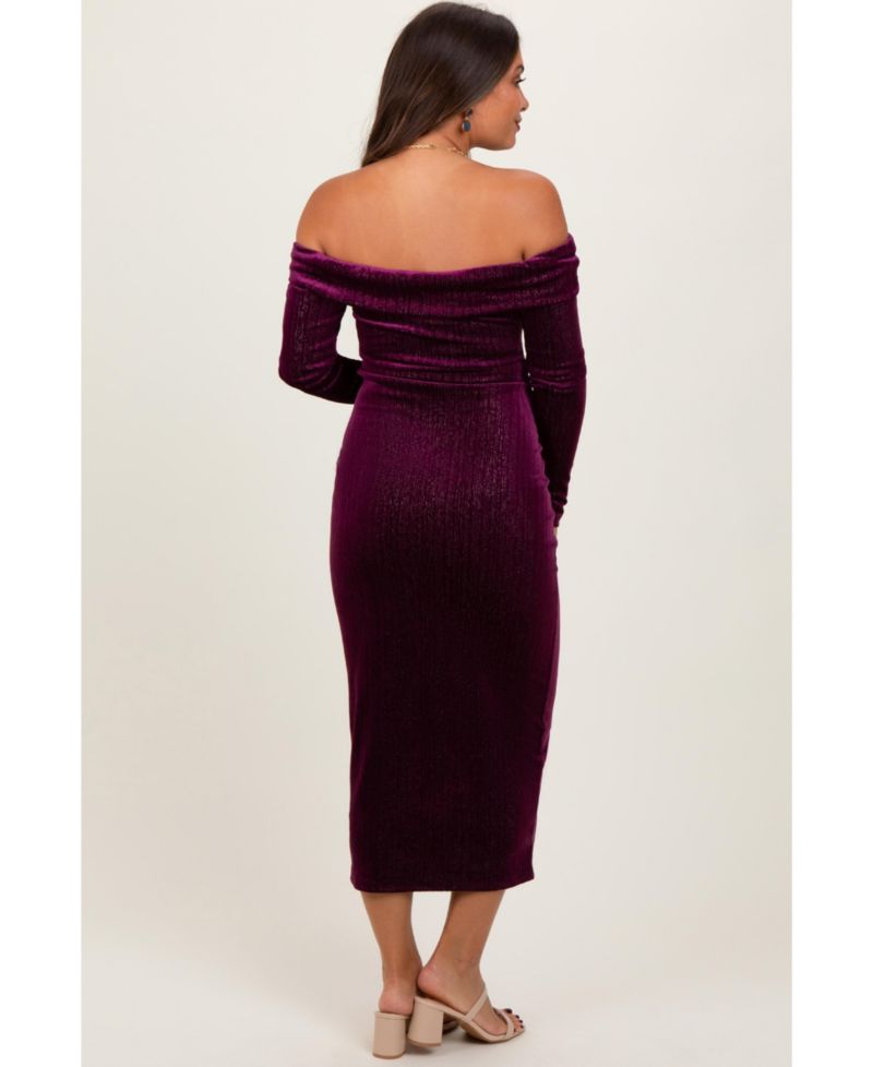 Women's Plum Shiny Velour Off Shoulder Midi Dress