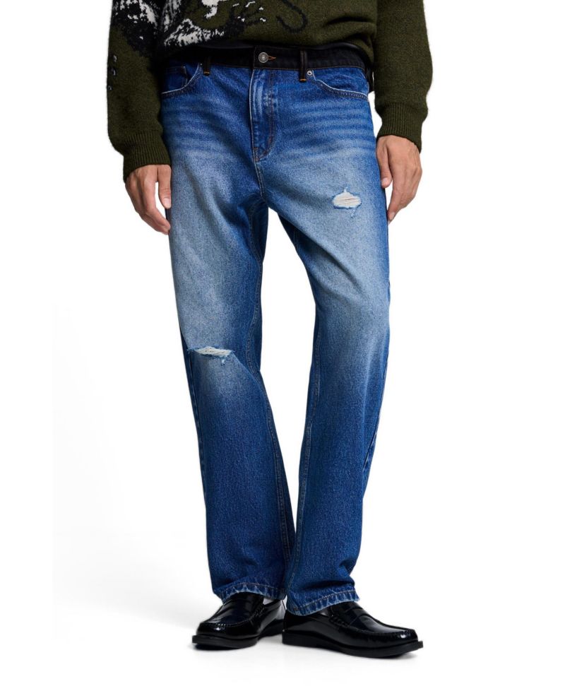 Men's Straight-Leg Medium Wash Distressed Jeans