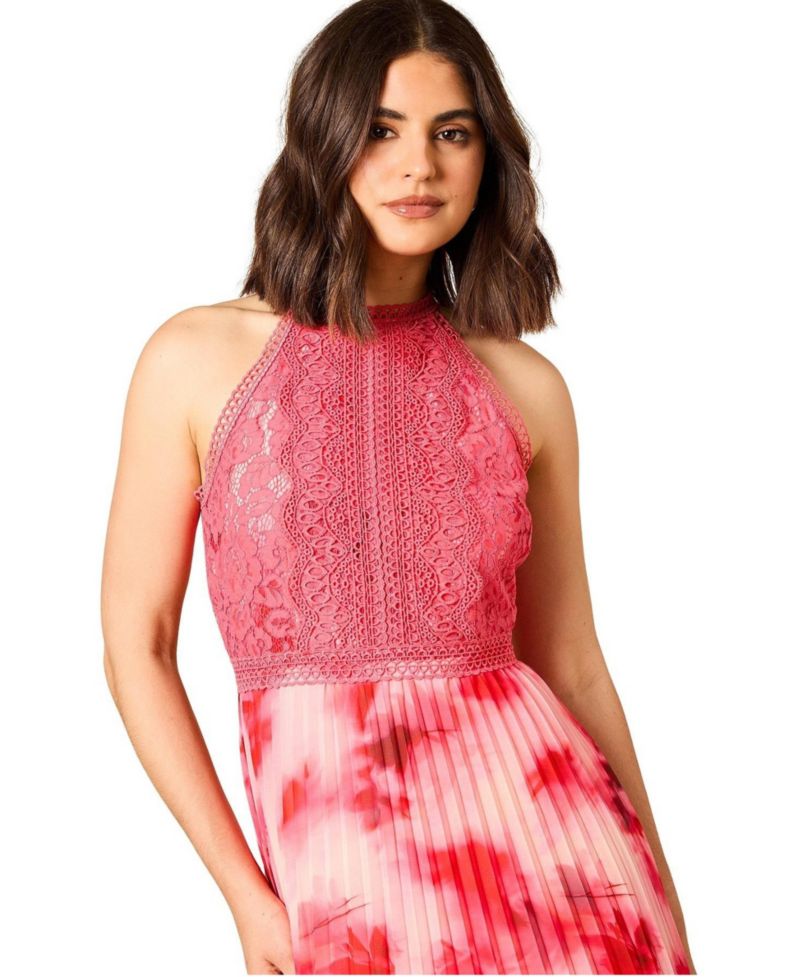 Women's Printed Lace Mix Halterneck Midi Dress