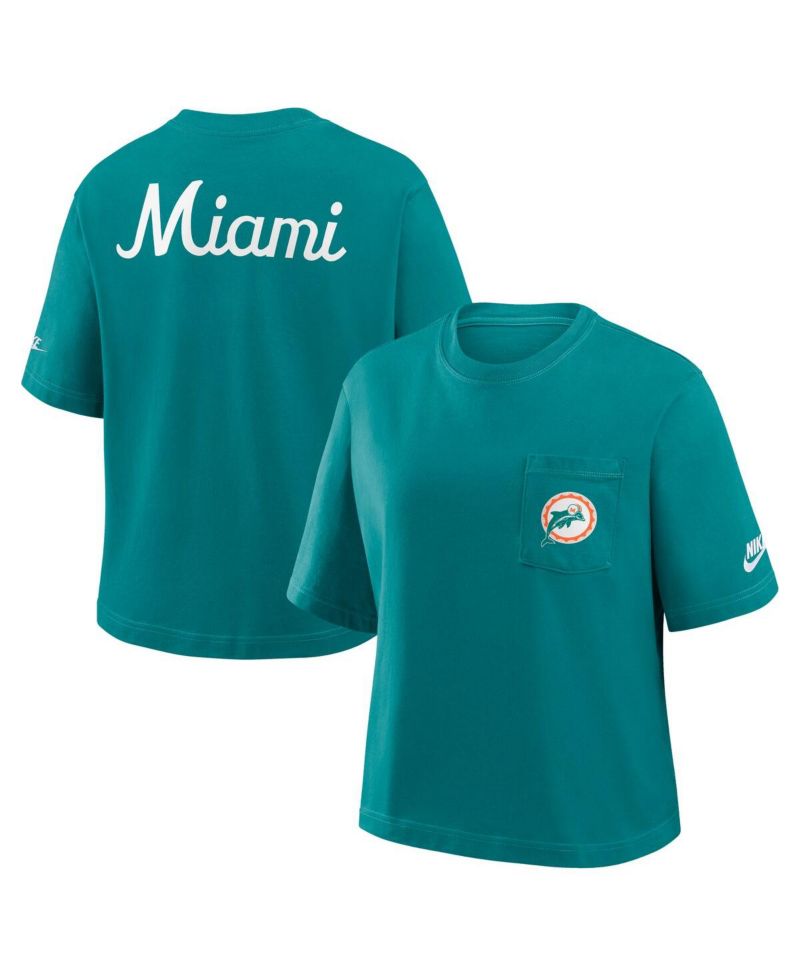 Women's Aqua Miami Dolphins Rewind Pocket Boxy T-Shirt