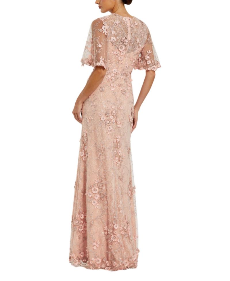 Women's Flutter Sleeve Floral Embroidered Net Gown