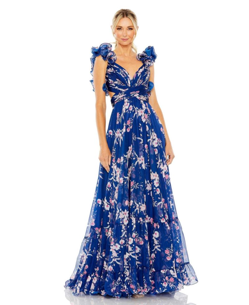 Women's Ruffle Tiered Floral Cut-Out Chiffon Gown