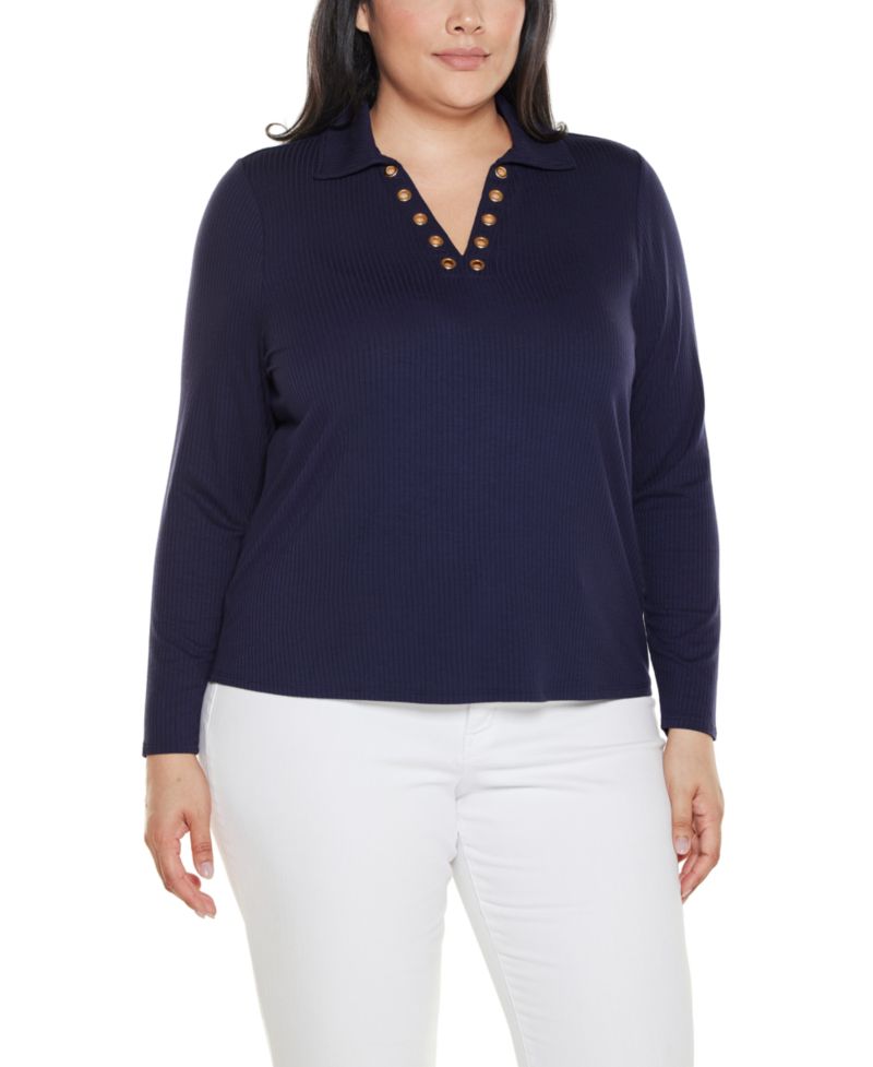 Plus Grommet-Trim Split-V Knit Top