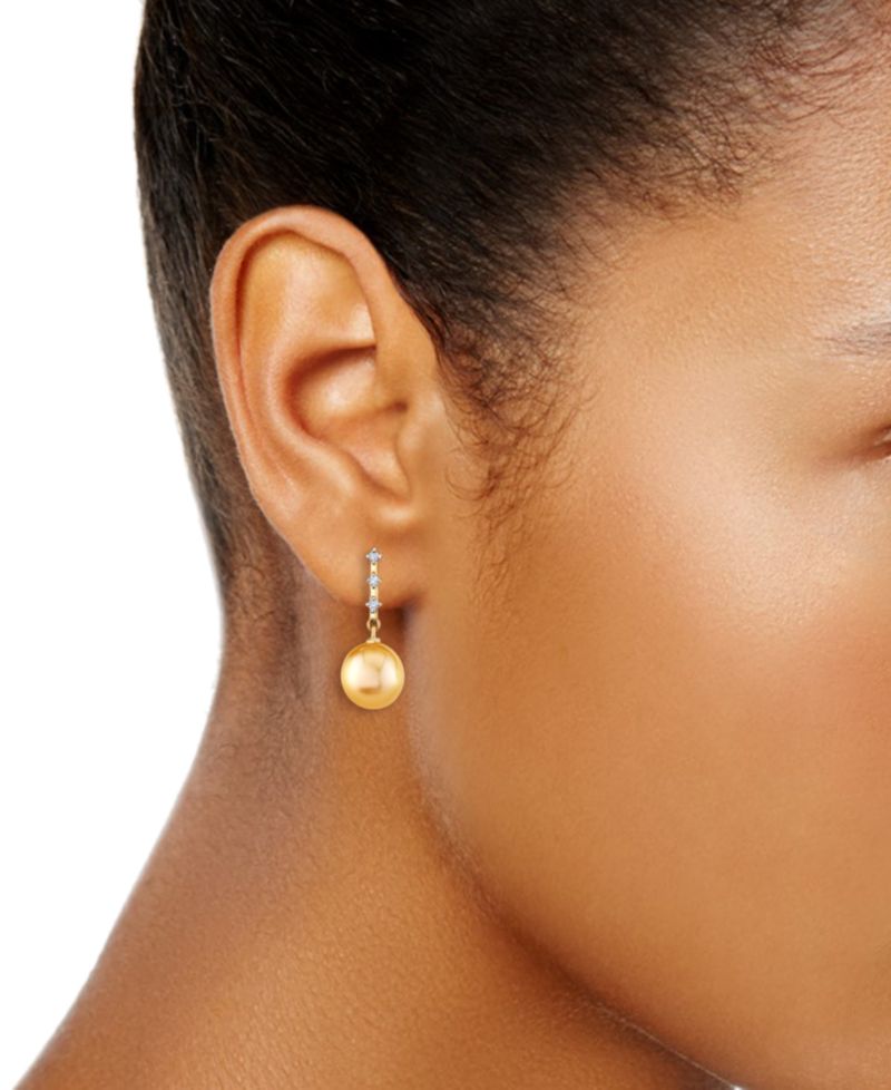 Cultured South Sea Pearl (9mm) & Diamond (1/10 ct. t.w.) Earrings in 10k Yellow Gold