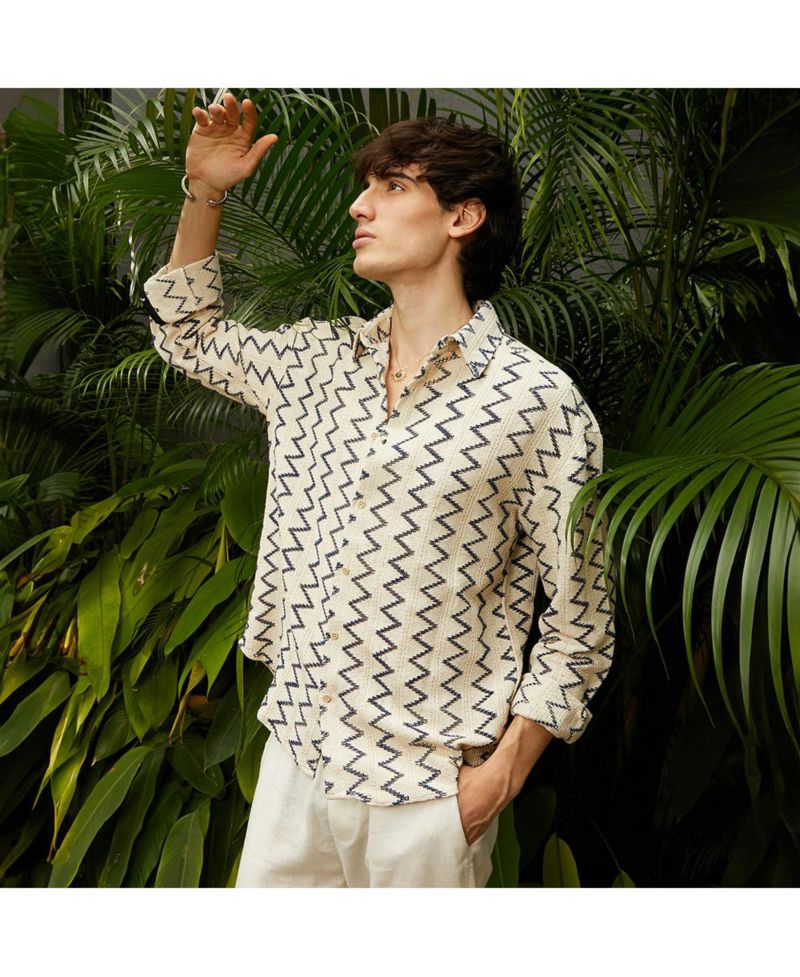 Men's Cream White Zig-Zag Knit Shirt