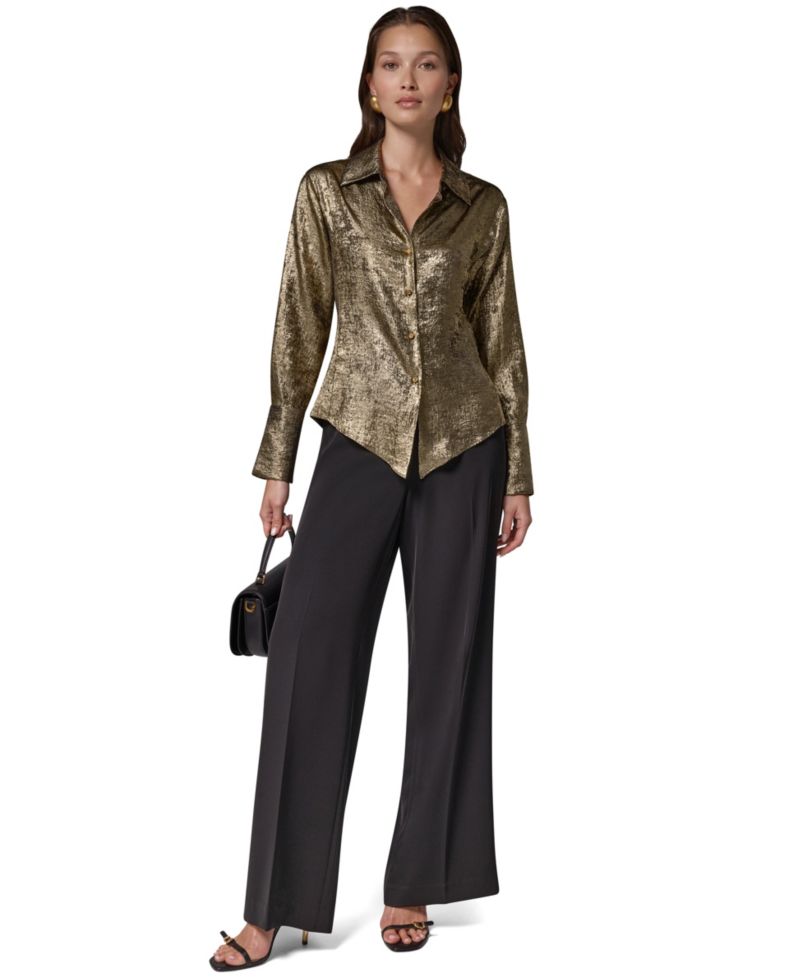 Petite Long-Sleeve Point-Collar Pointy-Asymmetrical-Hem Blouse