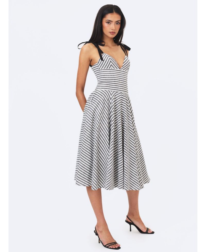Women's Riley Striped A-Line V-Neck Cotton-Linen Blend Midi Dress