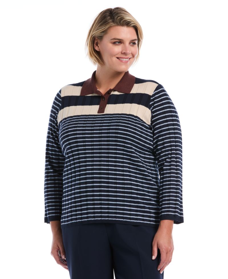 Plus Size Striped Polo 3/4 Sleeve Sweater