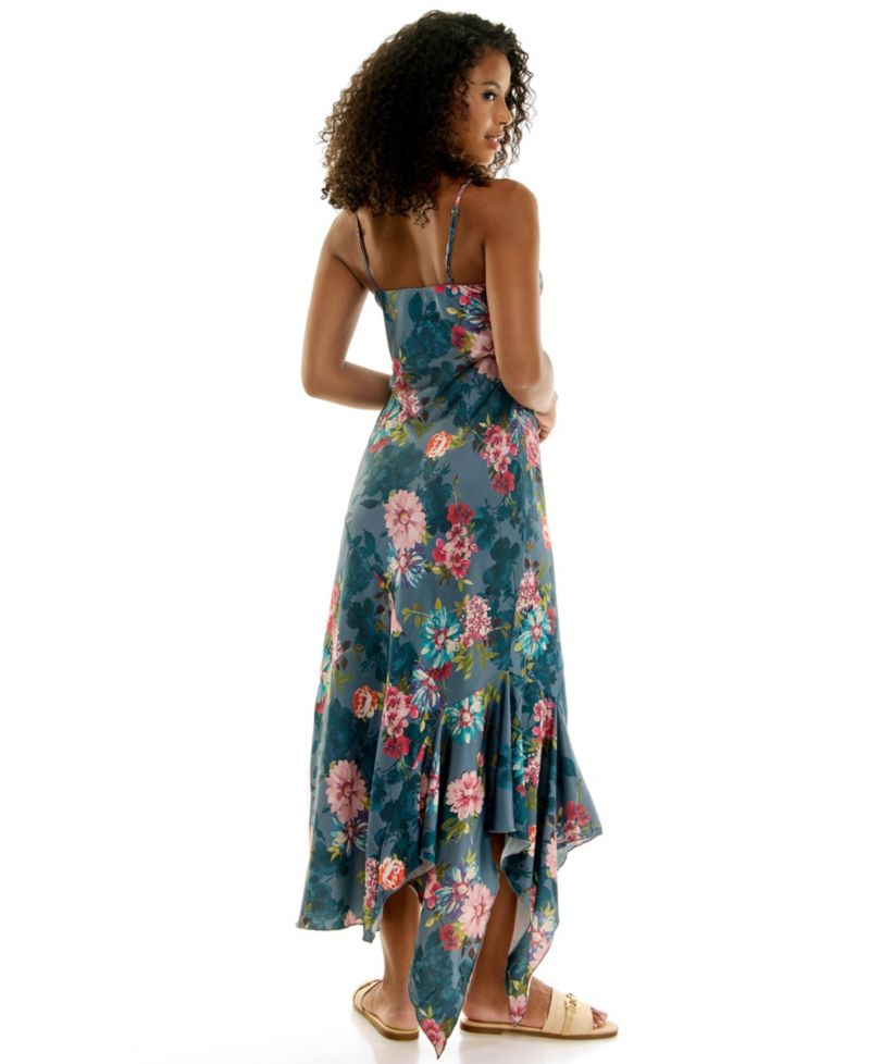 Women's Floral-Print Satin Asymmetric Ruffle Hem Midi Slip Dress