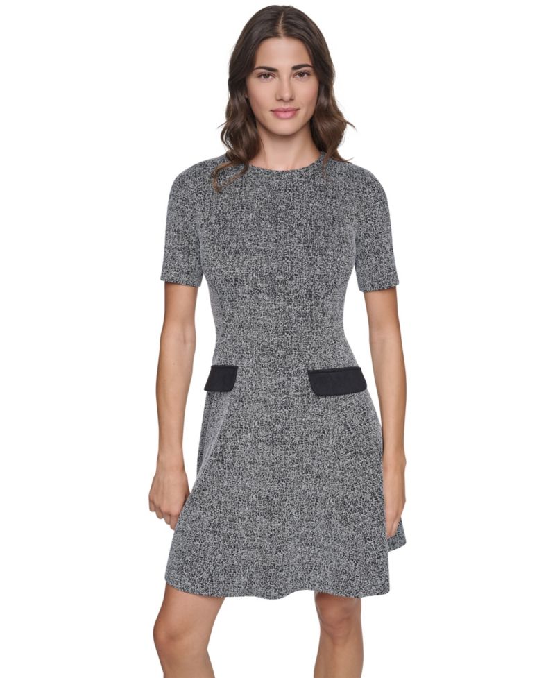 Women's Short-Sleeve Crewneck Textured-Knit Fit and Flare Dress