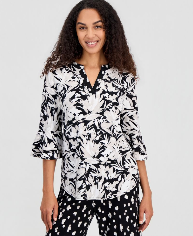 Women's Printed V-Neck Elbow-Sleeve Top, Regular & Petite