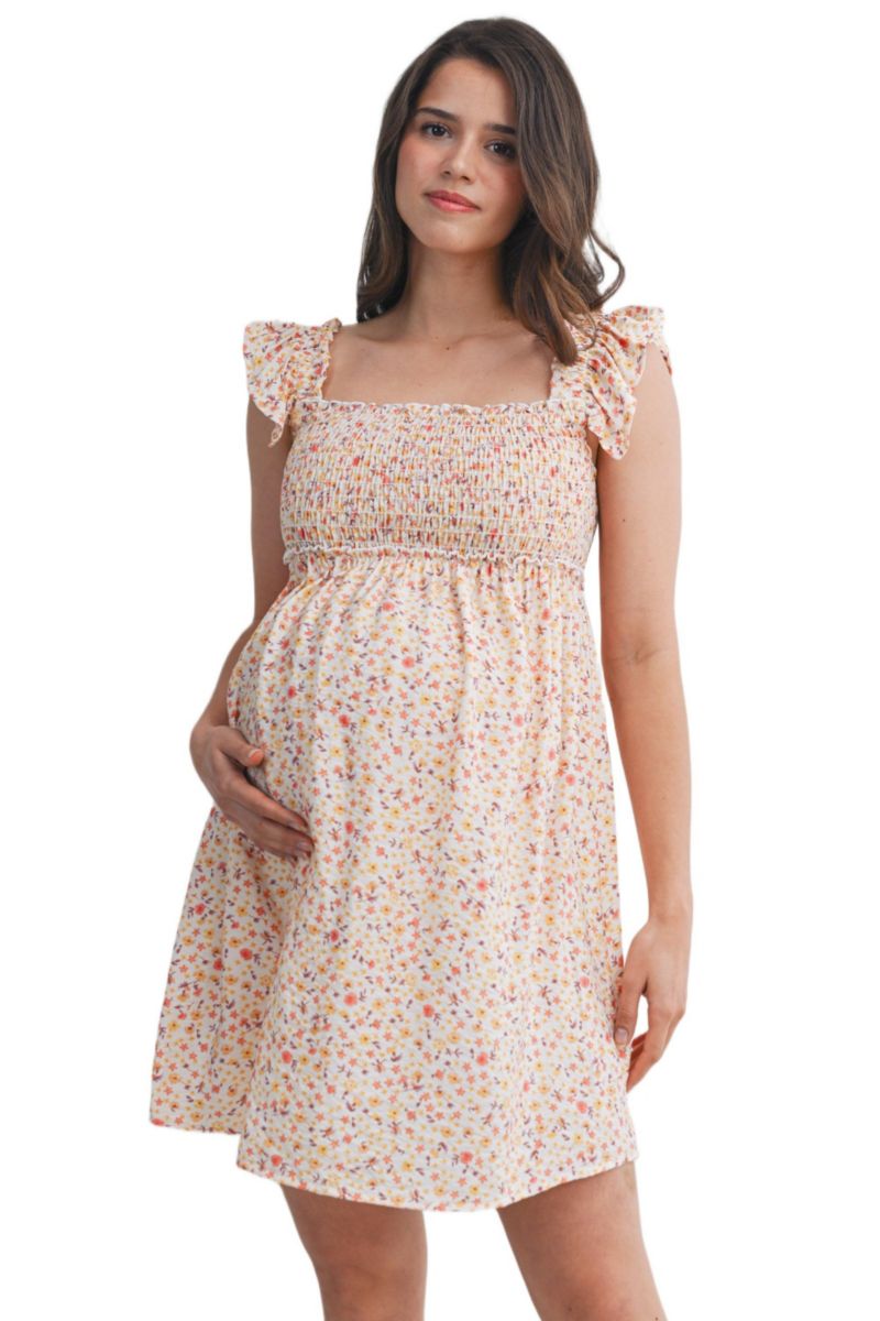 Women's Smocked Floral Dress with Ruffle Cap Sleeves