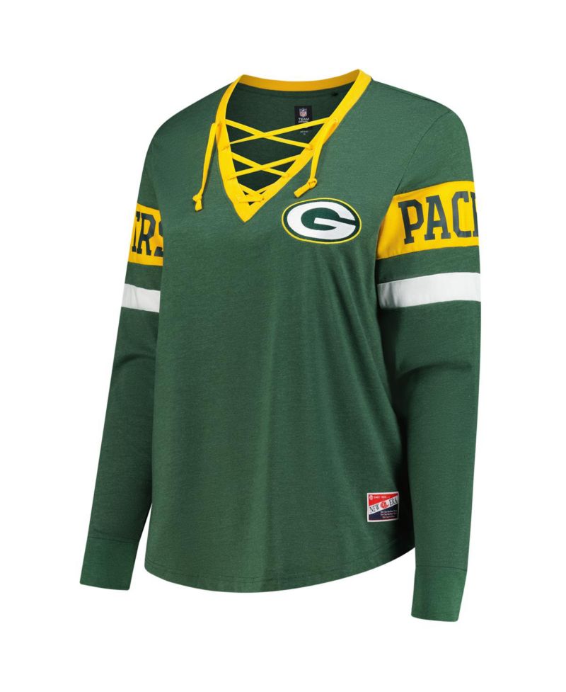 Women's Green Bay Packers Plus Size Throwback Lace-Up Long Sleeve T-Shirt