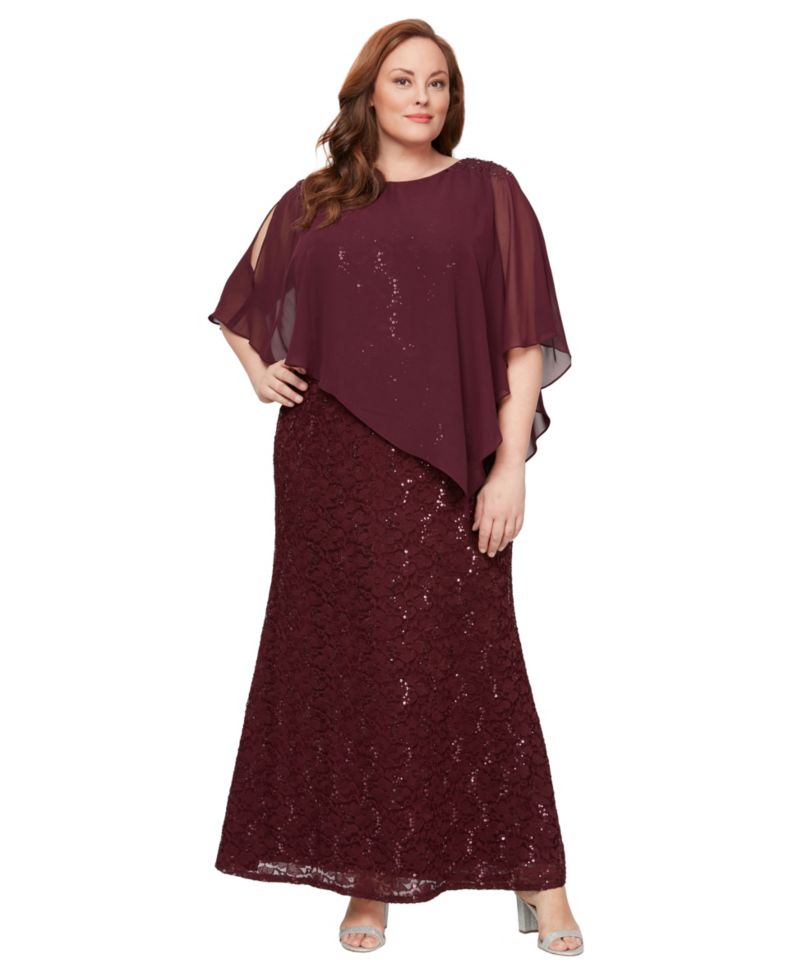Plus Round-Neck Sequin Lace Cape Dress