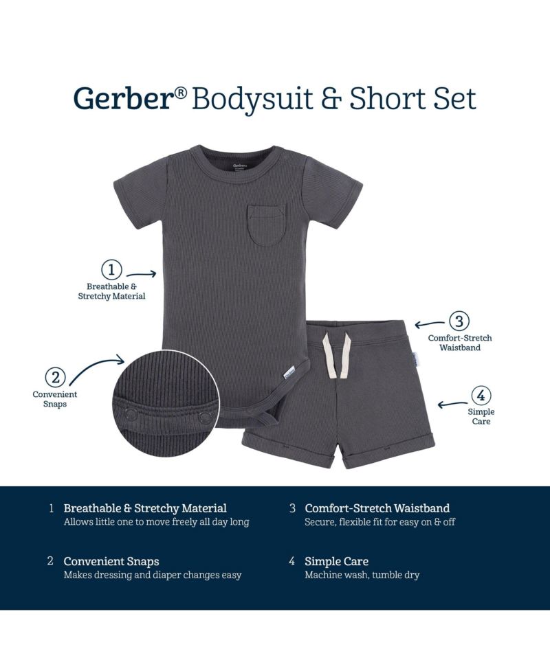 Baby Boys 2-Pack Bodysuit and Shorts Set, Dark Grey, 0-3 Months