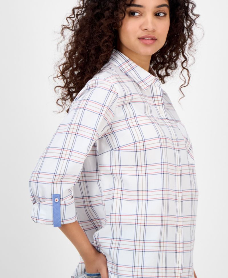 Nautica Women's Providence Plaid Cotton Roll-Tab-Sleeve Shirt