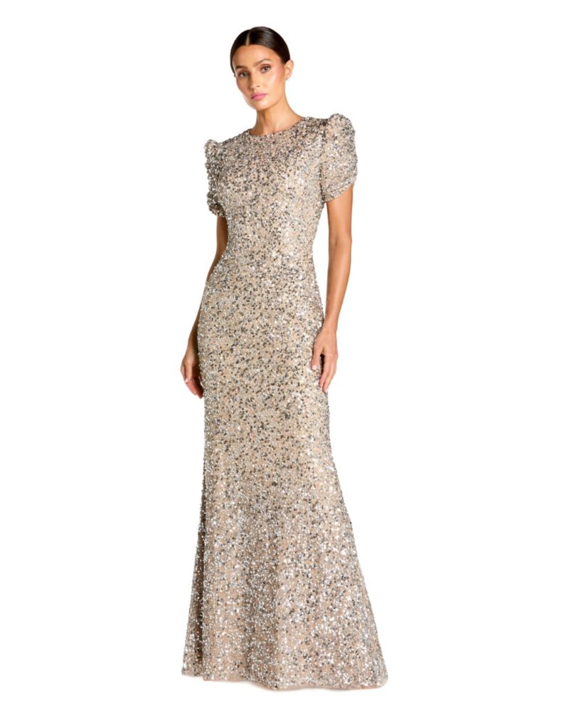 Petite Embellished Mesh High Neck Puff Sleeve Gown