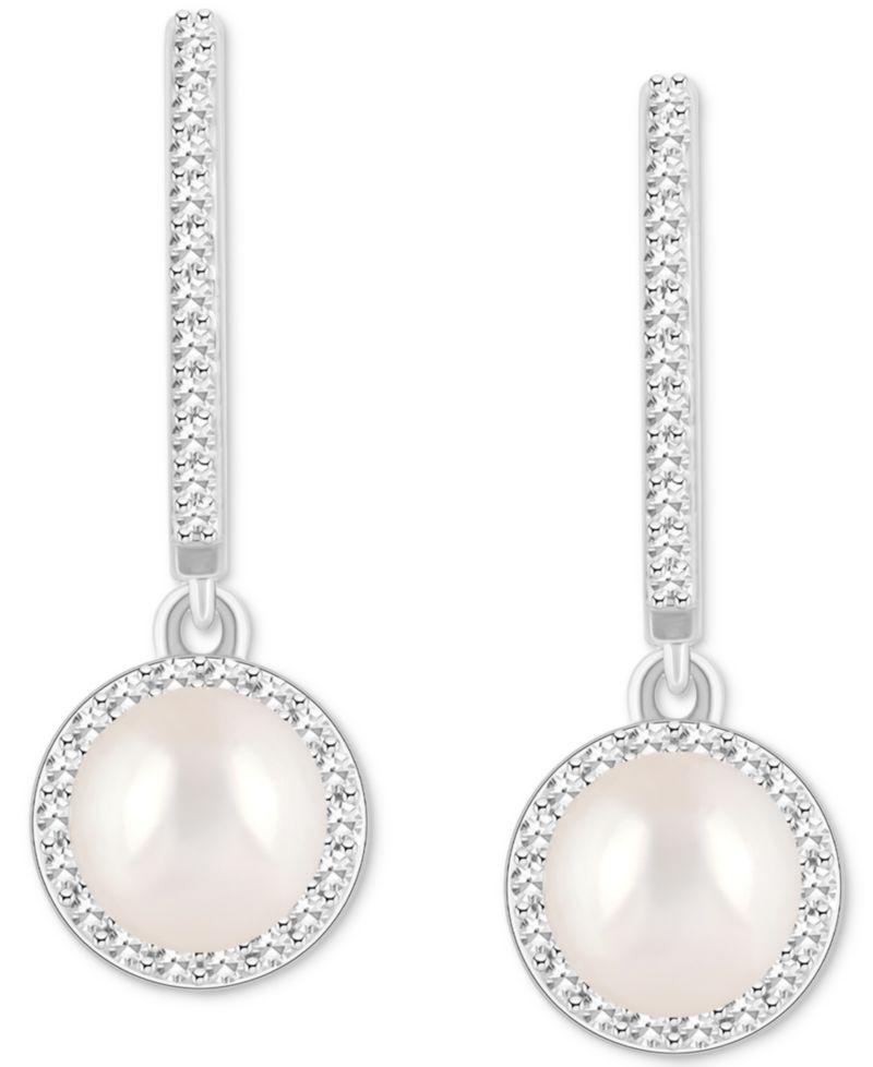 Cultured Freshwater Pearl & Diamond (1/3 ct. t.w.) Halo Leverback Earrings in Sterling Silver