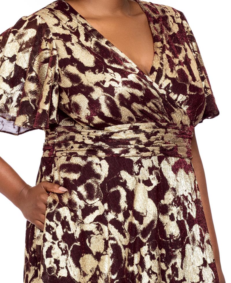 Plus Size Metallic Foil V-Neck Short-Sleeve Gown