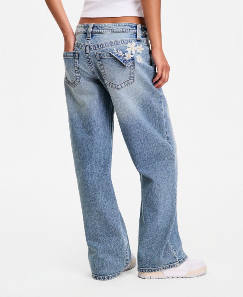 Juniors' Low Rise V-Waist Baggy Embroidered Straight Leg Jean