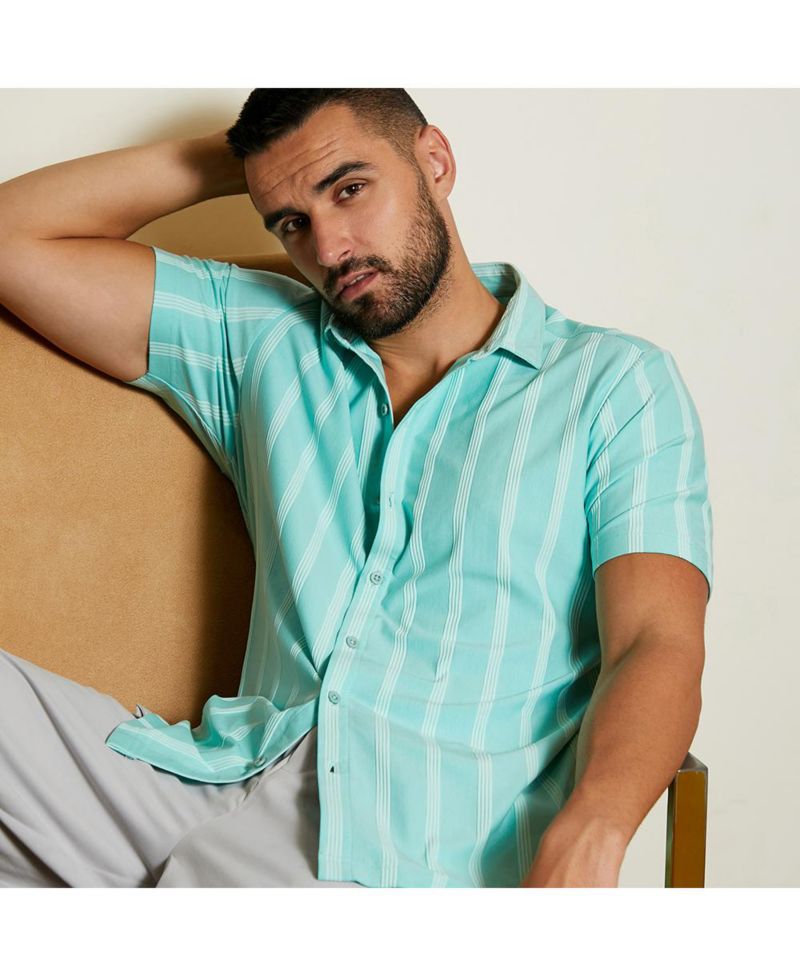Men's Aqua Blue Unbalanced Striped Shirt