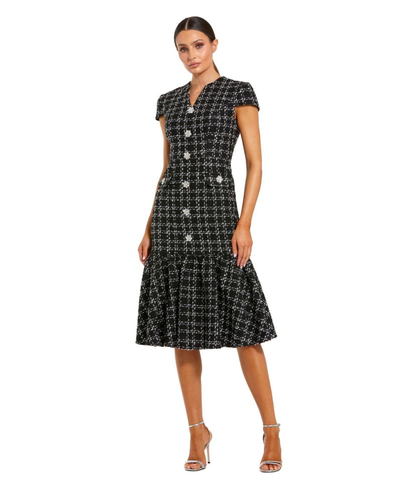 Women's Button Up Cap Sleeve Boucle A Line Midi Dress