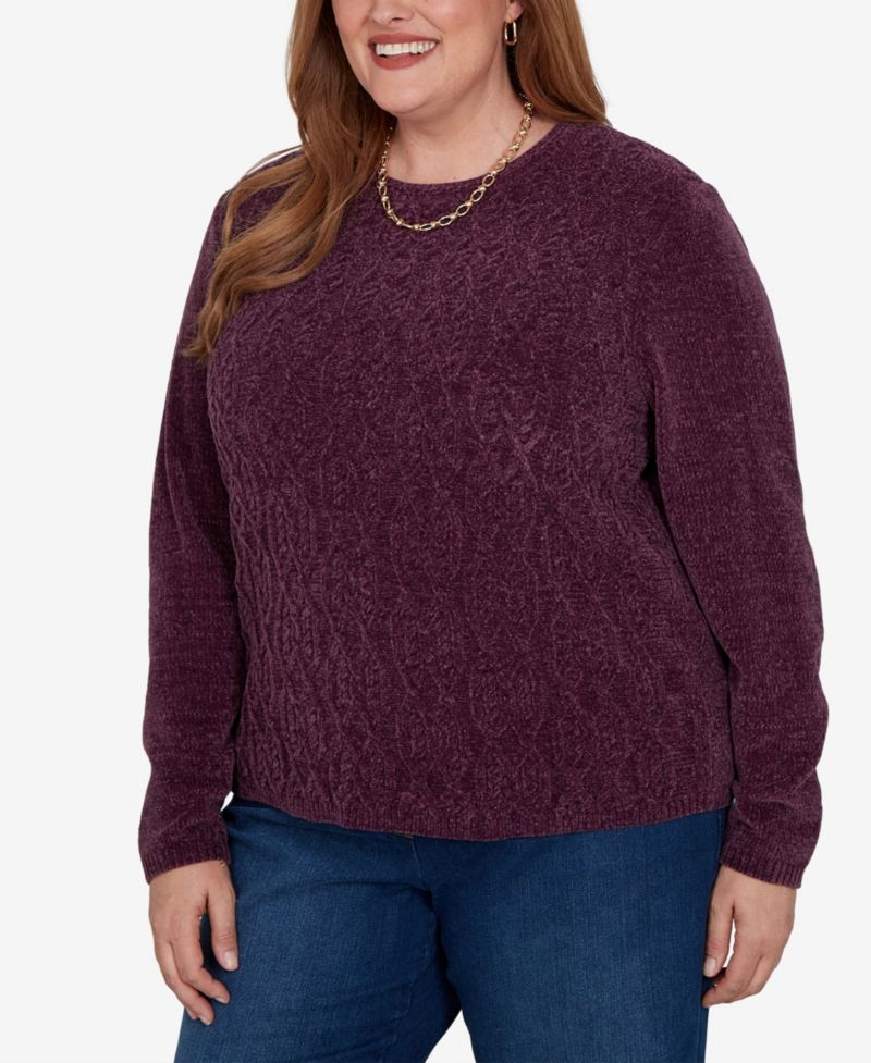 Plus Size Cable-Knit Chenille Crewneck Long-Sleeve Pullover Sweater