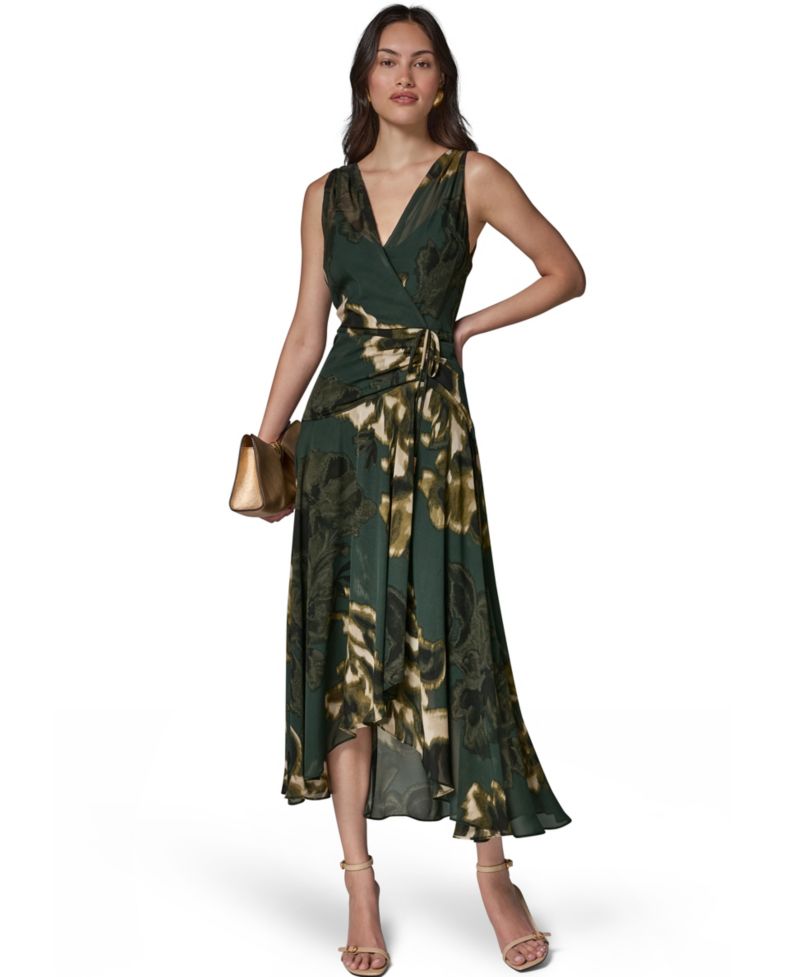Women's Sleeveless Printed Chiffon Surplice Neck Dress