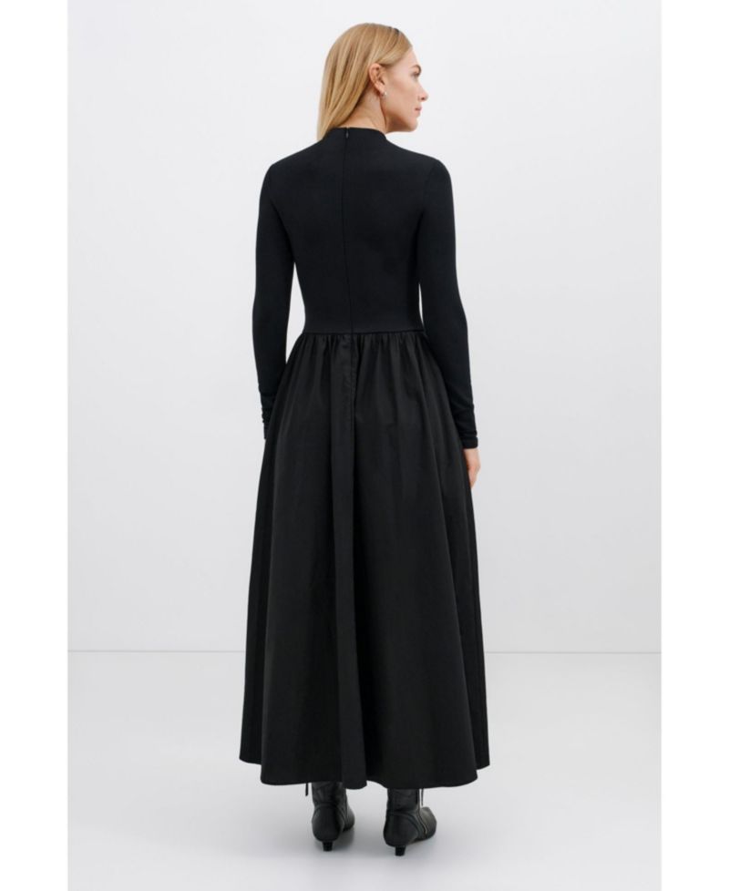 Women's Fillmore Mock-Neck Long-Sleeve Midi Dress with Cotton Skirt and Pockets