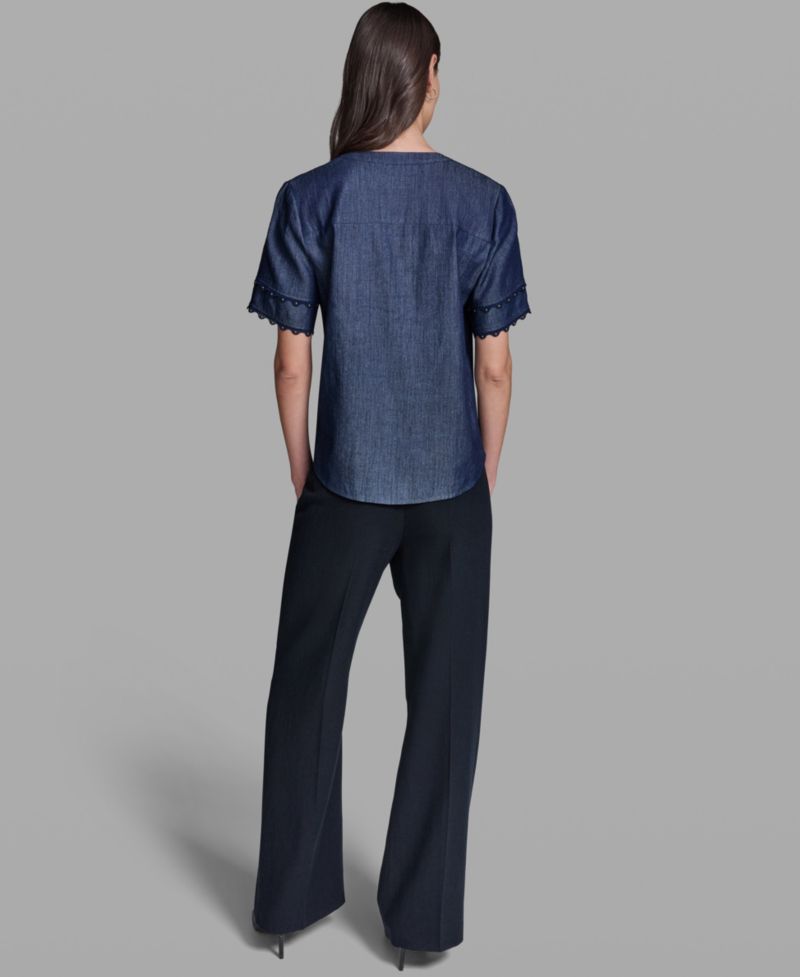Women's V-Neck Nailhead Trim Short-Sleeve Blouse
