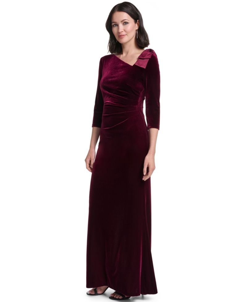 Women's Asymmetrical-Neck 3/4-Sleeve Bow-Detail Gown