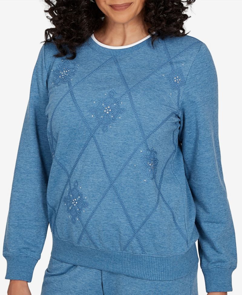 Women's Long-Sleeve Crewneck Argyle Pullover Top