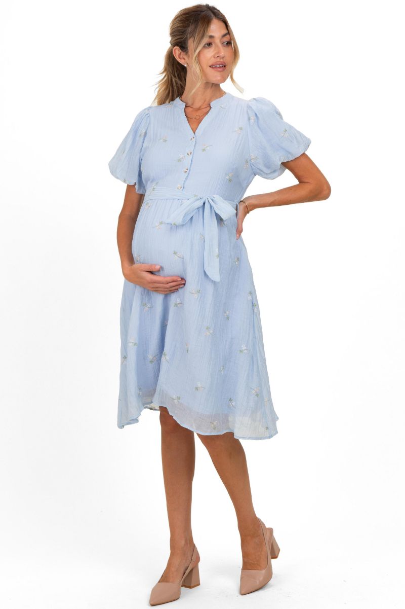 Women's Blue Floral Embroidered Tie Waist Dress