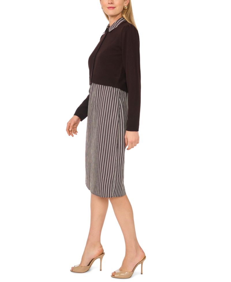 Women's Long-Sleeve Striped Cotton Midi Dress with Cardigan Sweater, 2-Piece Set