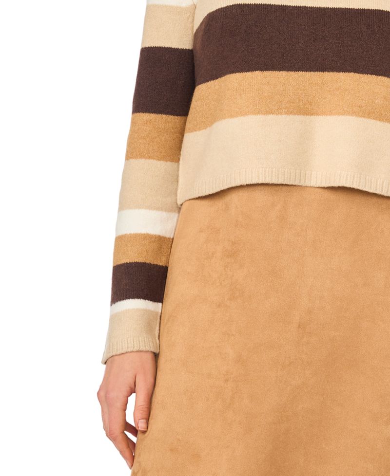 Women's Long-Sleeve A-Line Midi Striped Faux Suede Dress and Sweater, 2-Piece Set
