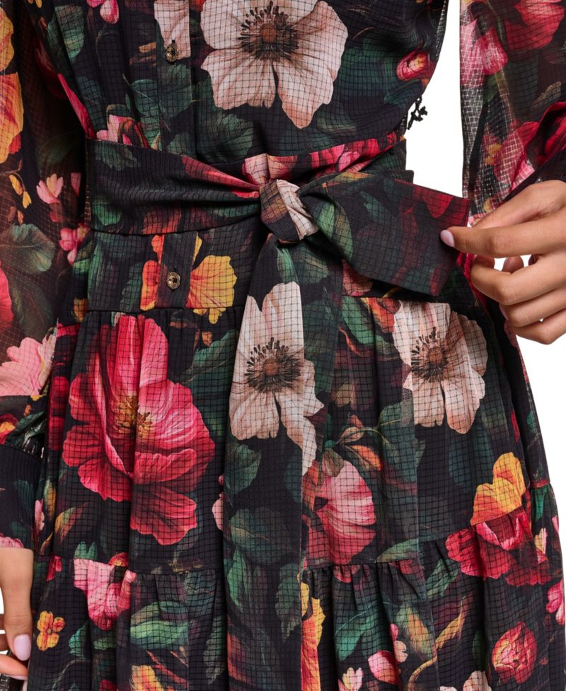 Women's Printed Grid Chiffon Shirtdress