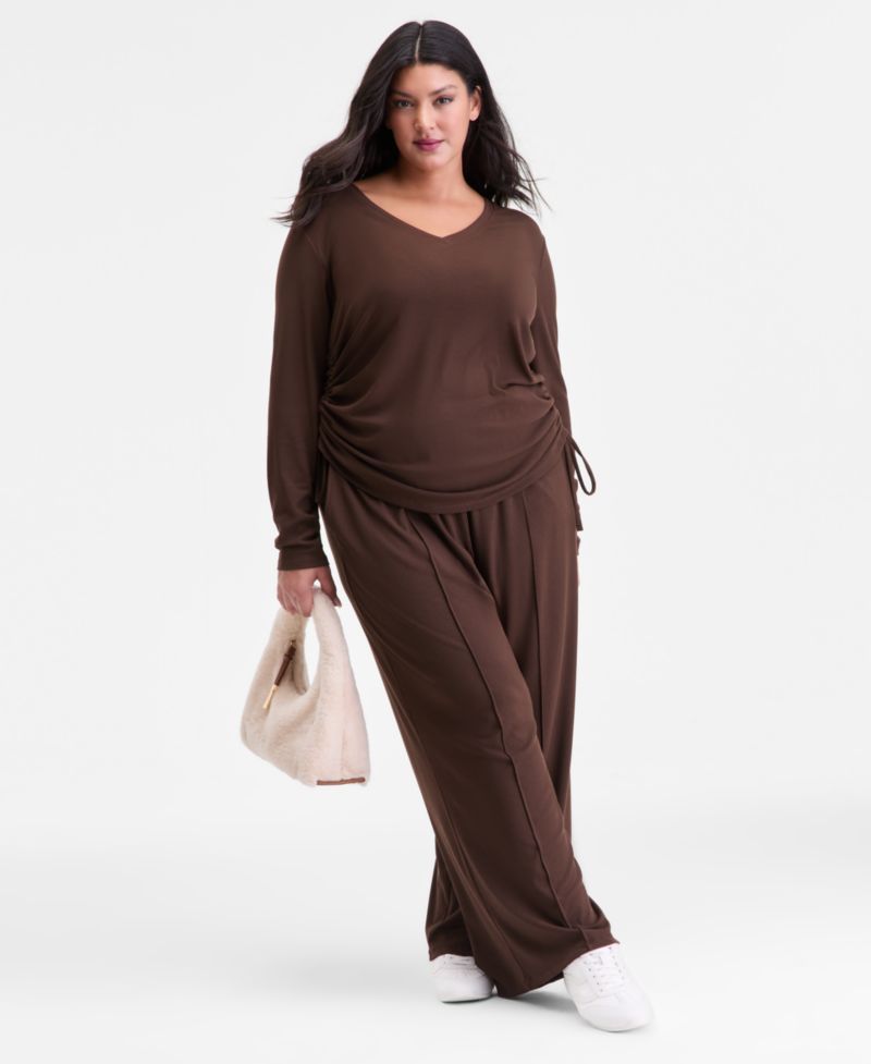 Plus Size Ribbed Wide-Leg Drawstring Pants