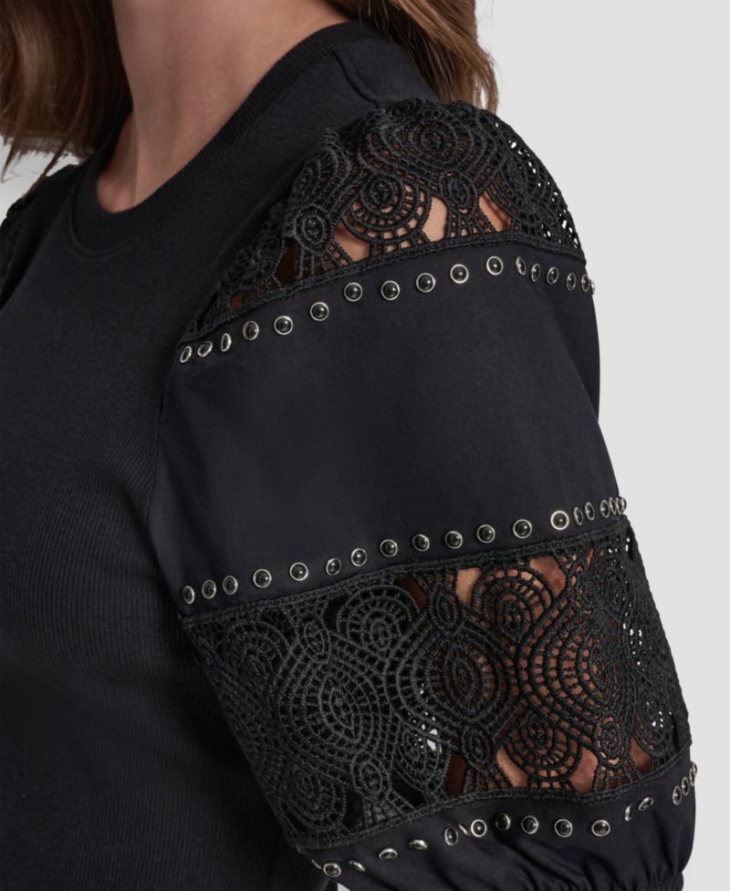 Petite Crew Neck Lace Eyelet Pull-On Top
