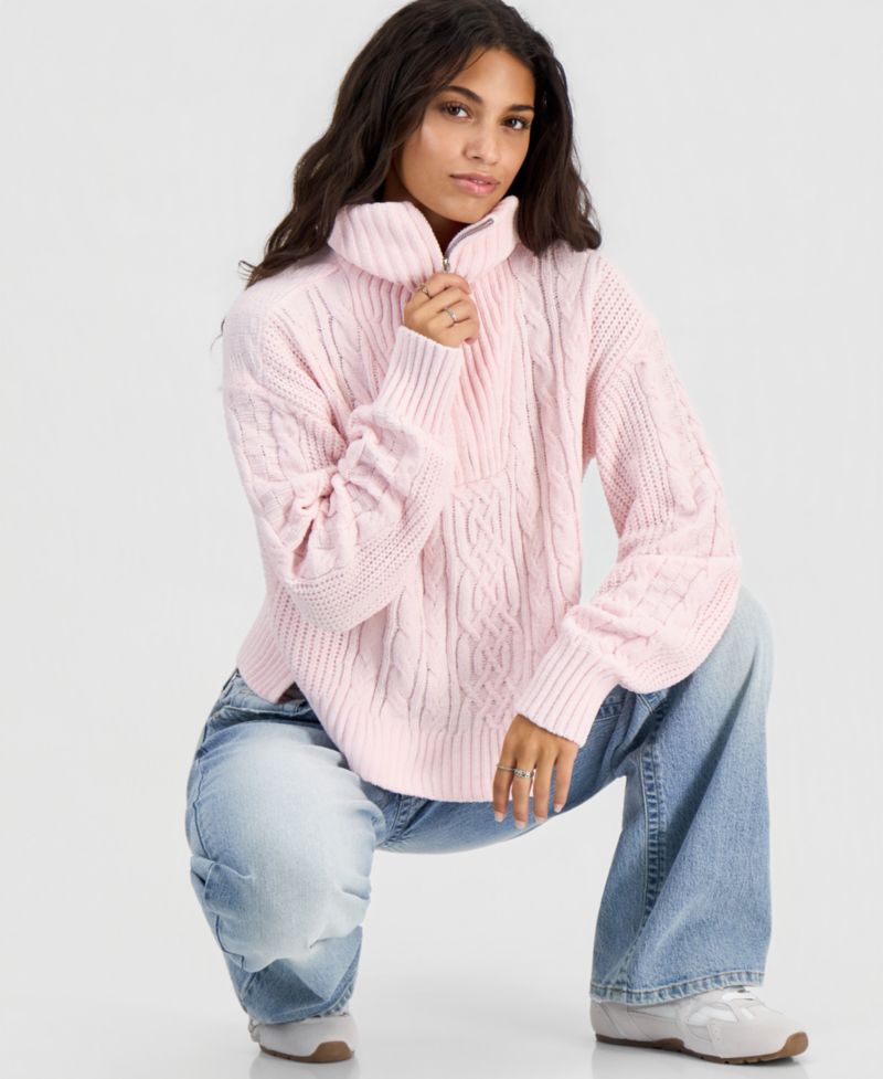 Juniors' Cable-Knit Quarter-Zip Long-Sleeve Sweater