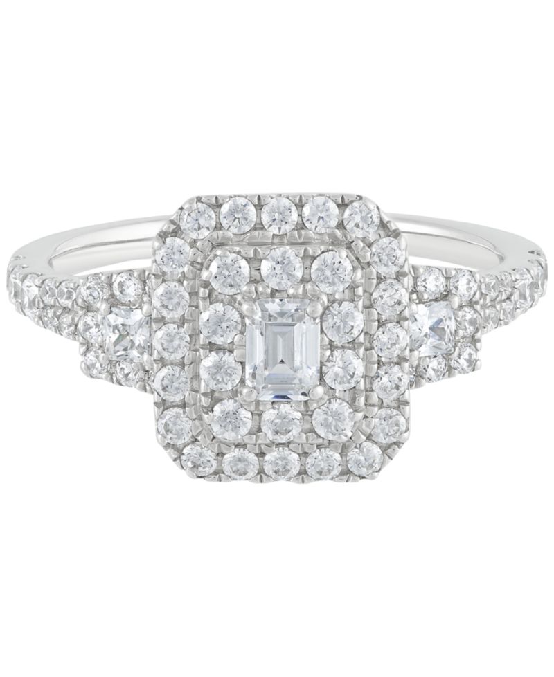 Diamond Emerald Double Halo Cluster Engagement Ring (1 ct. t.w.) in 14k White Gold