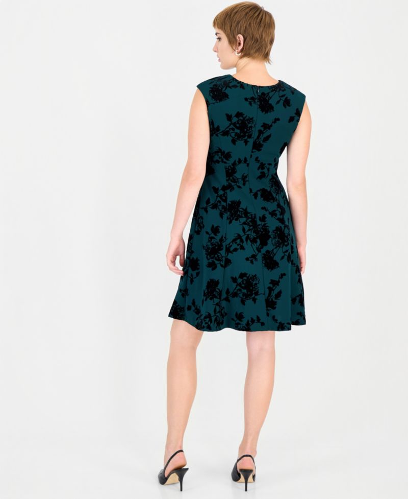 Women's Velvet-Floral A-Line Crewneck Dress
