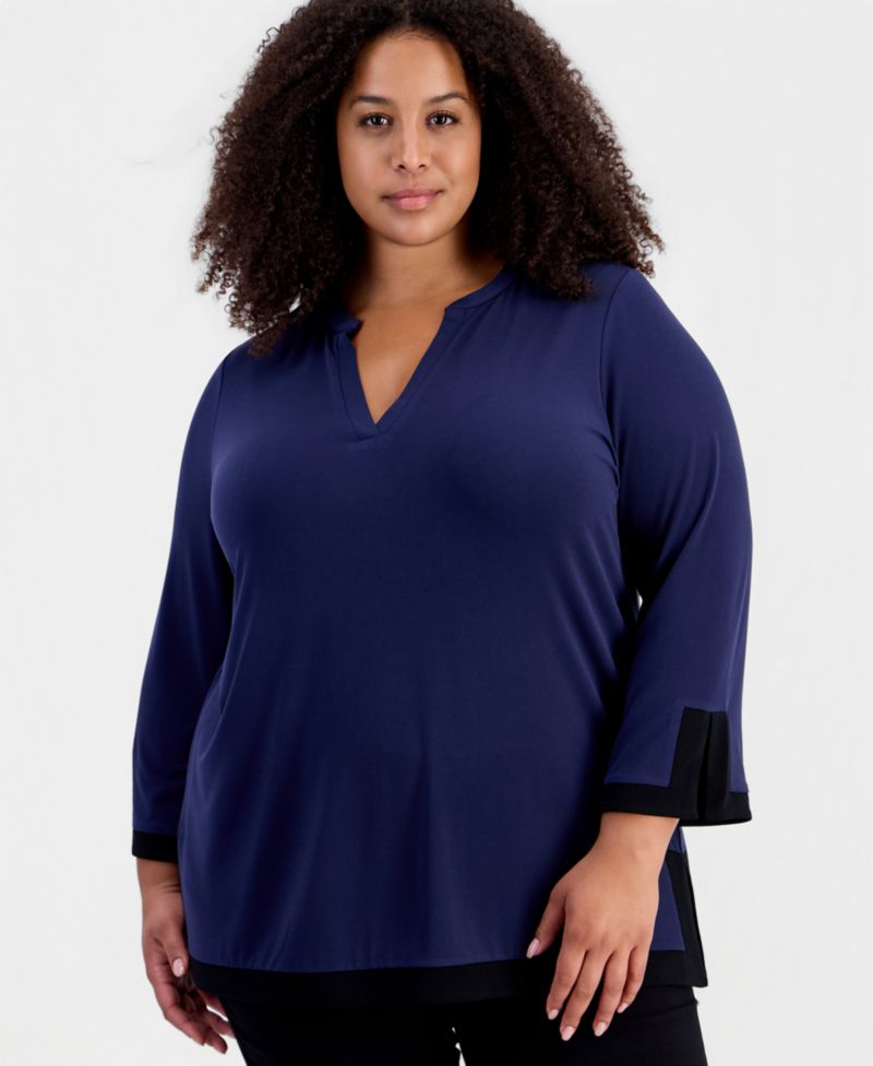 Petite 3/4-Sleeve Split Neck Tunic
