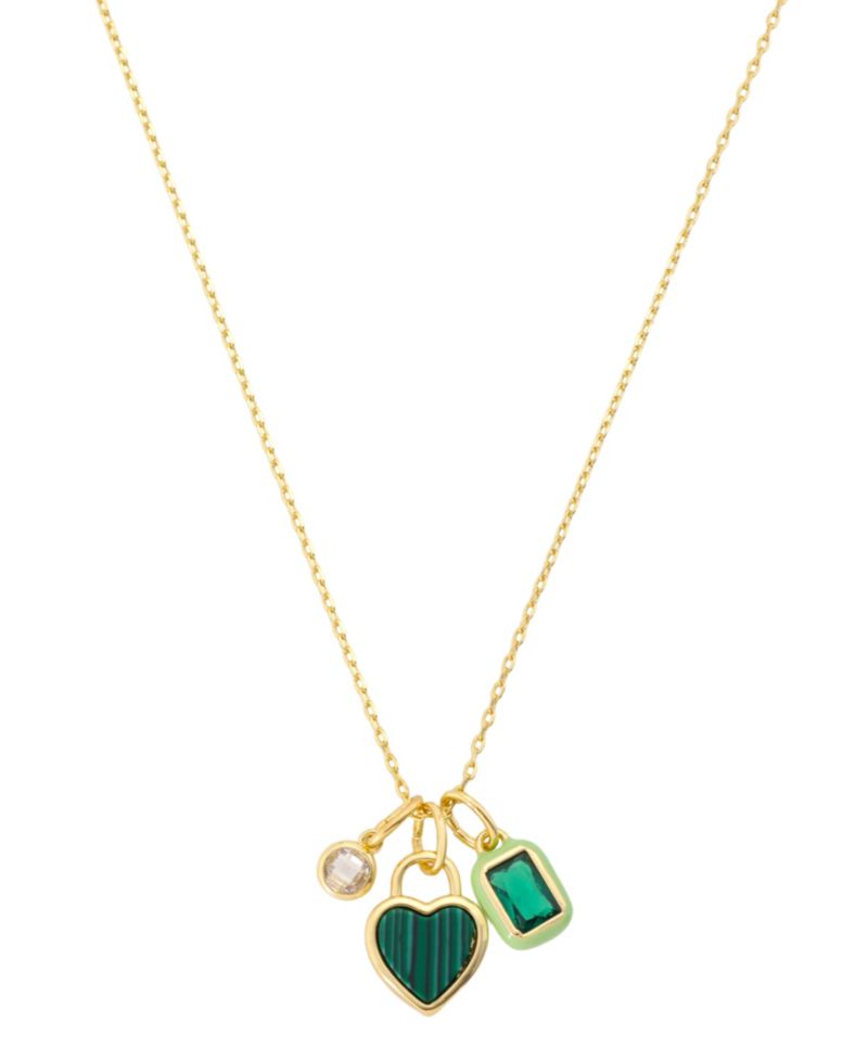 Cubic Zirconia Gold-Tone Plated Malachite Stone Cluster Charm Necklace