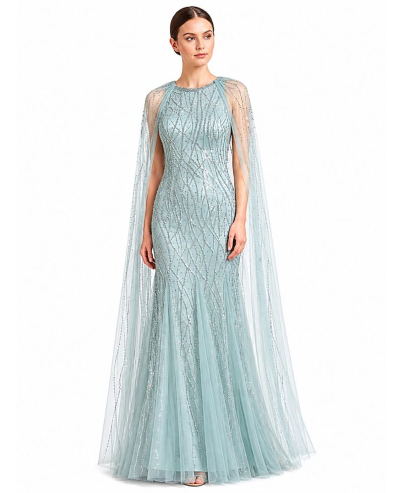 Women's Elegant Beaded Dress with Long Cape