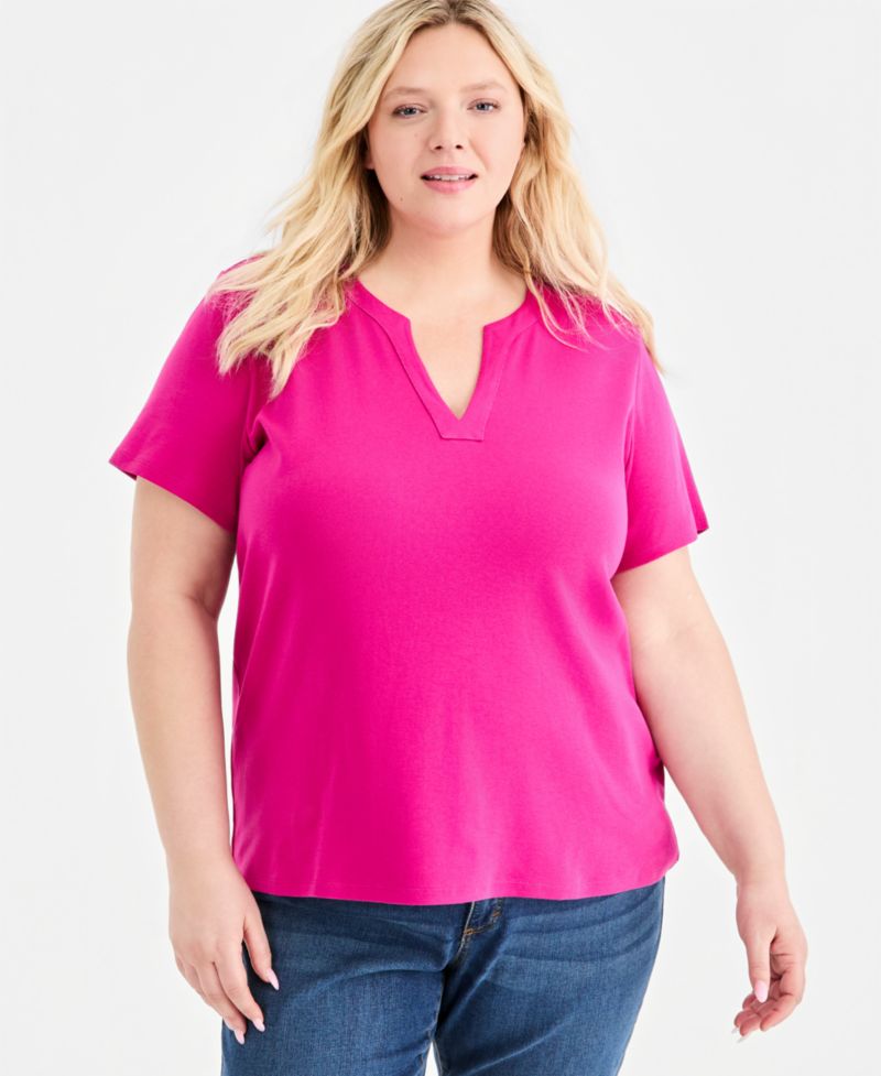 Plus Size Short-Sleeve Split-Neck Top