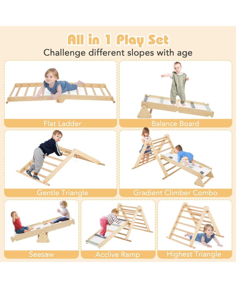 Ages 3+ 3-in-1 Pikler Triangle Adjustable Foldable Climbing Set, 3-Piece Set