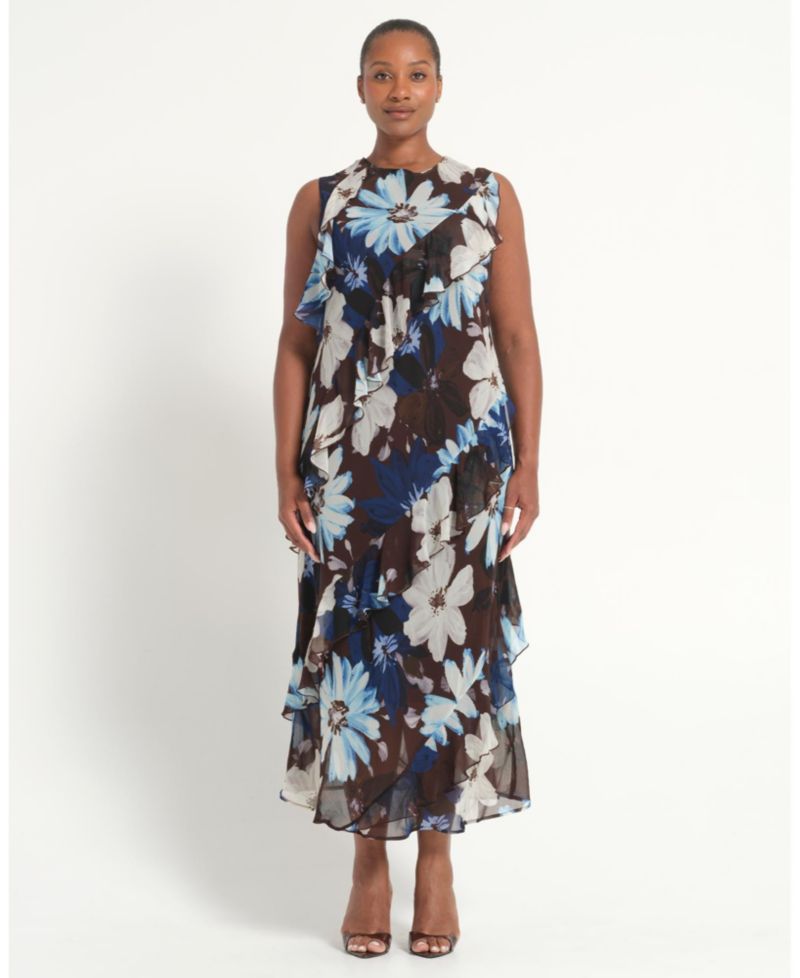 Plus Size Aveline Floral Ruffle Sleeveless Midi Dress