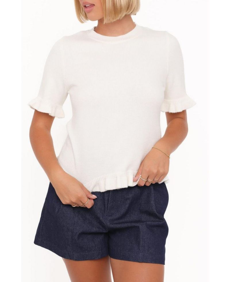 Women's Emilie Ribbed-Knit Ruffle Short-Sleeve Crewneck Sweater